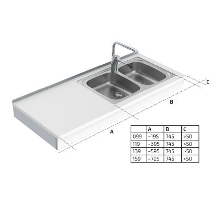 Dimensions - Wall Mounted Cranked Sink Module 6350-ES30 - Left