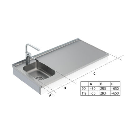 Dimensions - Wall Mounted Motorised Height Adjustable Mini Kitchen 6300-ESF