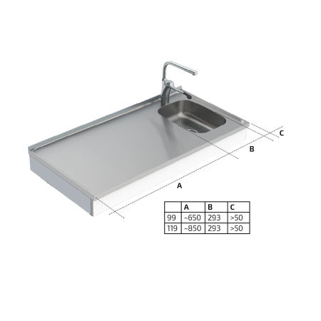 Dimensions - Wall Mounted Motorised Sink Module Mini 6300-ESF - Left
