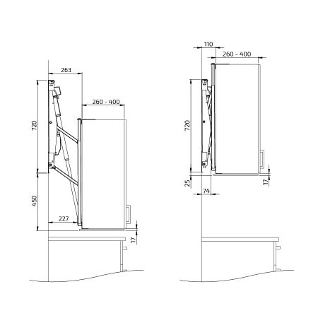 Måttuppgifter - Väggskåpslyft Granberg Diago 504 - för köksskåp bredd 60 - 110 cm 