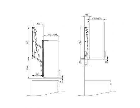 Måttuppgifter - Väggskåpslyft Granberg Diago 504 - för köksskåp bredd 60 - 110 cm 