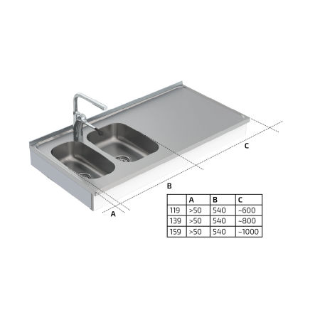 Dimensions - Wall Mounted Cranked Height Adjustable Sink Module 6350-ESG