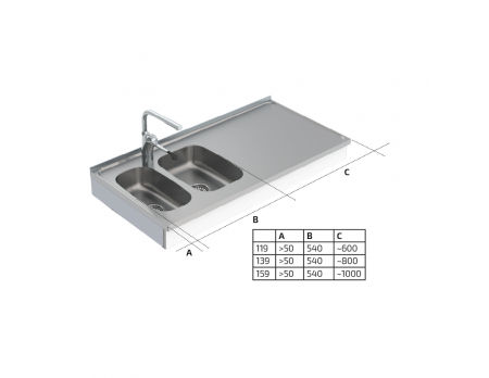 Dimensions - Wall Mounted Cranked Sink Module 6350-ESG - Left