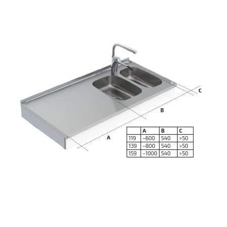 Dimensions - Wall Mounted Cranked Sink Module 6350-ESG - Left