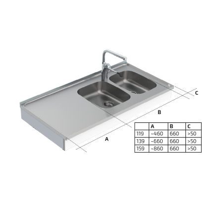 Dimensions - Wall Mounted Motorised Height Adjustable Sink Module 6300-ESH