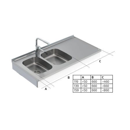 Dimensions - Wall Mounted Cranked Sink Module 6350-ESH - Left