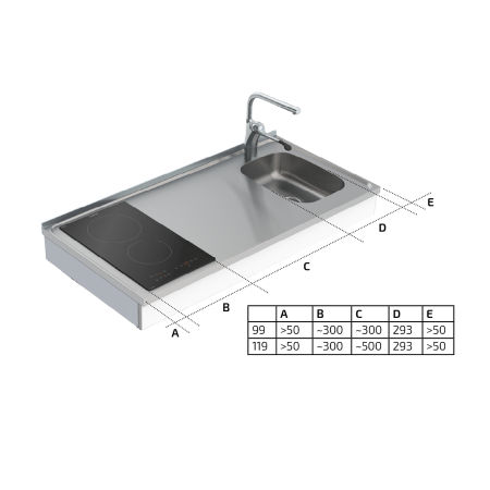 Dimensions - Wall Mounted Motorised Height Adjustable Mini Kitchen 6300-ESFS