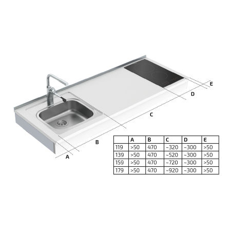Dimensions - Wall Mounted Cranked Mini kitchen module 6350-ES11S2 - Left