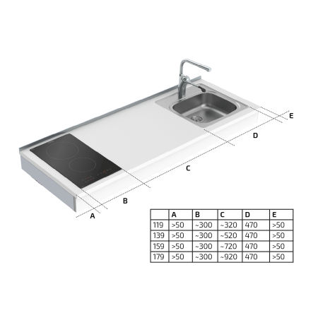 Maße - Wandhängendes manuell verstellbares Mini-Küchenmodul 6350-ES11S2