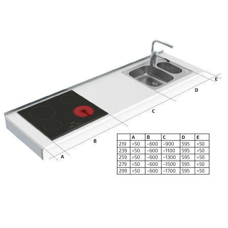 Dimensions - Wall Mounted Motorised Combi kitchen module 6300-ES20S4 - Left