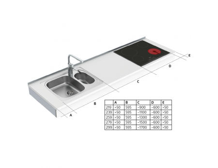 Dimensions - Wall Mounted Cranked Combi Kitchen Module 6350-ES20S4 - Left