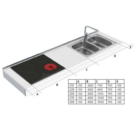 Dimensions - Wall Mounted Motorised Combi kitchen module 6300-ES30S4 - Left