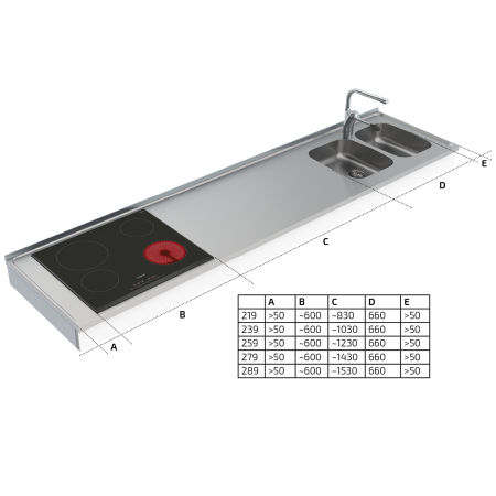 Dimensions - Wall Mounted Cranked Combi kitchen module 6350-ESHS4 - Left