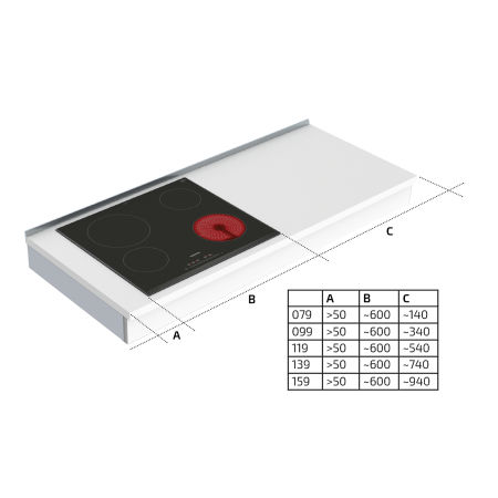 Dimensions - Wall Mounted Cranked Hob Module 6350HA-S4 - Left