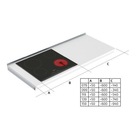Dimensions - Wall Mounted Manual Hob Module 6380LA-S4 - Right