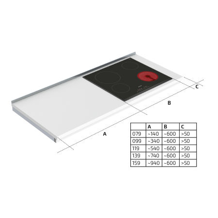 Dimensions - Wall Mounted Manual Hob Module 6380LA-S4 - Right