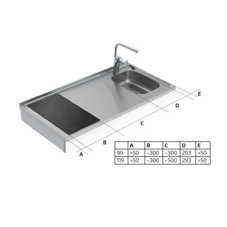 Maße - Wandhängendes manuell verstellbares Mini-Küchenmodul 6380-ESFS