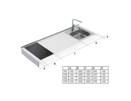 Dimensions - Wall Mounted Manual Height Adjustable Mini Kitchen 6380-ES11S2