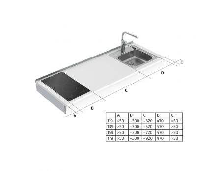 Maße - Wandhängendes manuell verstellbares Mini-Küchenmodul 6380-ES11S2