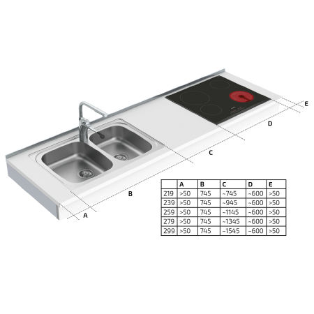 Dimensions - Wall Mounted Manual Combi Kitchen Module 6380-ES30S4 - Right