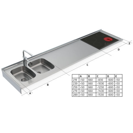Dimensions - Wall Mounted Manual Combi kitchen module 6380-ESHS4 - Left