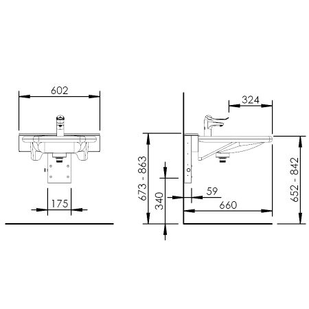 Dimensions - Manually adjustable washbasin with gas spring - BASICLINE 406-03