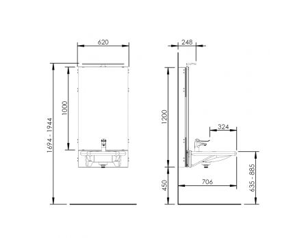 Dimensions - Electric height adjustable washbasin system with mirror and lighting - BASICLINE 433-03