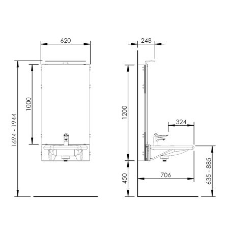 Dimensions - Electric height adjustable washbasin system with mirror and lighting - BASICLINE 433-03