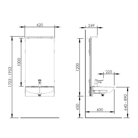 Dimensions - Electric height adjustable washbasin system with mirror and lighting - BASICLINE 433-11