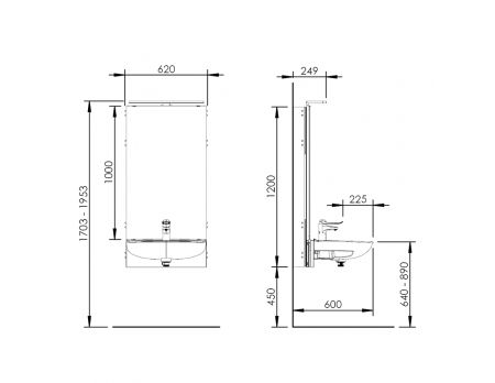 Dimensions - Electric height adjustable washbasin system with mirror and lighting - BASICLINE 433-11