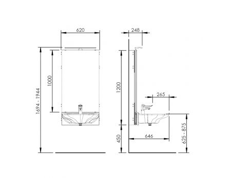 Dimensions - Electric height adjustable washbasin system with mirror and lighting - BASICLINE 433-01