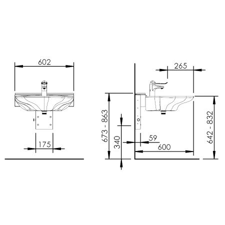 Dimensions - Manually adjustable washbasin with gas spring - BASICLINE 406-01