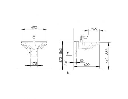 Dimensions - Manually adjustable washbasin with gas spring - BASICLINE 406-01