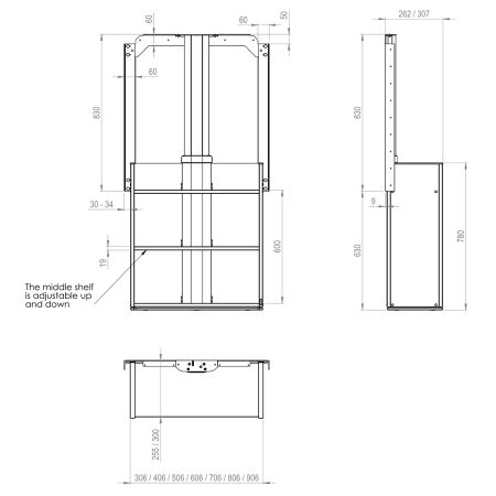 Måttuppgifter - Vertikal lyftinsats för väggskåp - Granberg Verti 840SB, 83,0 cm höjd, 30,7 cm djup