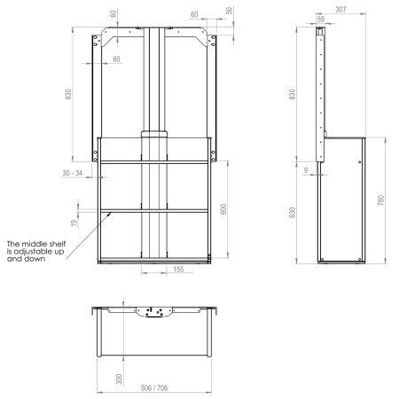 Dimensiones - Elevador para armario mural Verti 840SB, 30,7 cm de profundidad, antracita