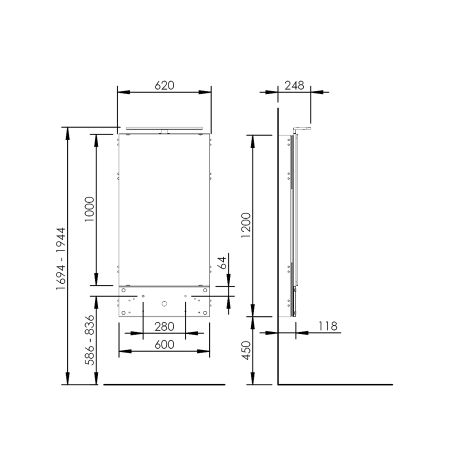 Dimensions - Electric height adjustable washbasin system with mirror and lighting - BASICLINE 433-0