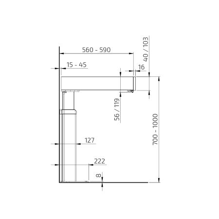 Dimensions - Kitchen Worktop Lift Baselift 6310HA - Floor-mounted, 103 mm front