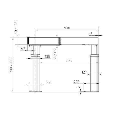 Maße - Eck-Arbeitsplattenlift Baselift Corner 6311HA, 45°- 90°, bodenstehend