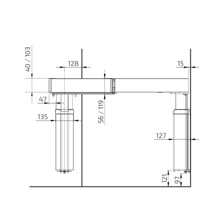 Dimensions - Kitchen Worktop Lift Baselift Corner 6302HA, 45°- 45°, wall-mounted