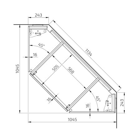 Maße - Eck-Arbeitsplattenlift Baselift Corner 6302HA, 45°- 90°, wandhängend