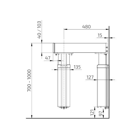 Dimensions - Kitchen Worktop Lift Baselift Corner 6303HA, 90°- 90°, wall-mounted