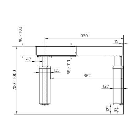 Dimensions - Kitchen Worktop Lift Baselift Corner 6301LA, 45°- 90°, wall-mounted