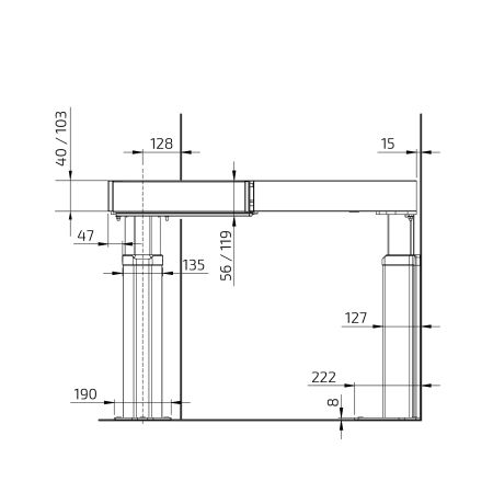 Dimensions - Kitchen Worktop Lift Baselift Corner 6312LA, 45°- 45°, floor-mounted
