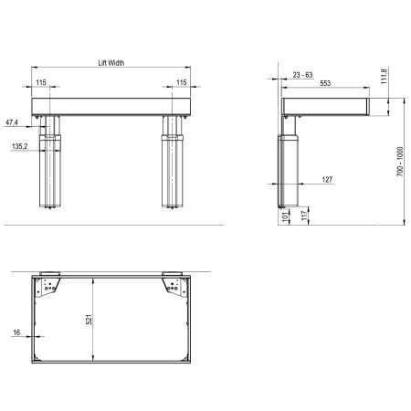 Afmetingen - BASELIFT 6600HA KIT System, 890 mm Afmetingen - BASELIFT 6600HA KIT System, 890 mm
