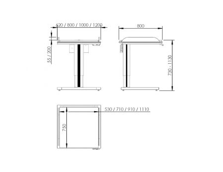 Dimensions - Height Adjustable Changing Table 332 - Ladder right, Border 20 cm