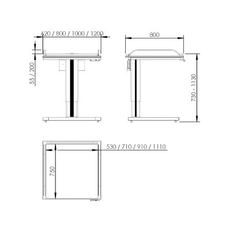 Dimensions - Table à langer électrique à hauteur variable 332, largeur 62-120 cm