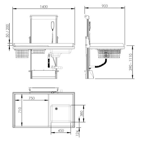 Dimensions - Height Adjustable Changing Table 334 - Sink right, Incl. Mixer tap, Border 20 cm