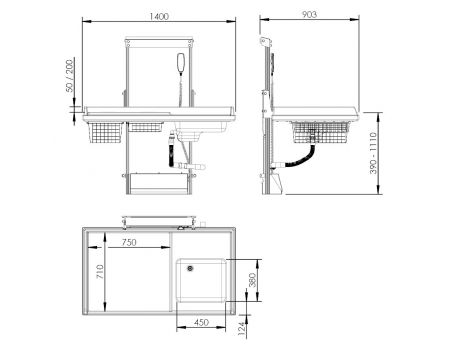 Dimensions - Height Adjustable Changing Table 334 - Sink right, Incl. Mixer tap, Border 20 cm