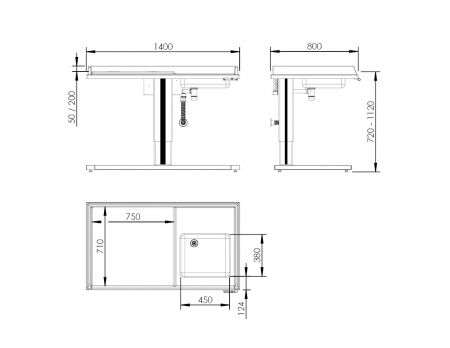 Dimensions - Height Adjustable Changing Table 333 - Sink right, Ladder left, Border 20 cm