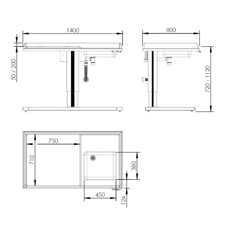 Dimensions - Table à langer éléctrique 333-141-0211 avec lavabo, largeur 140 cm